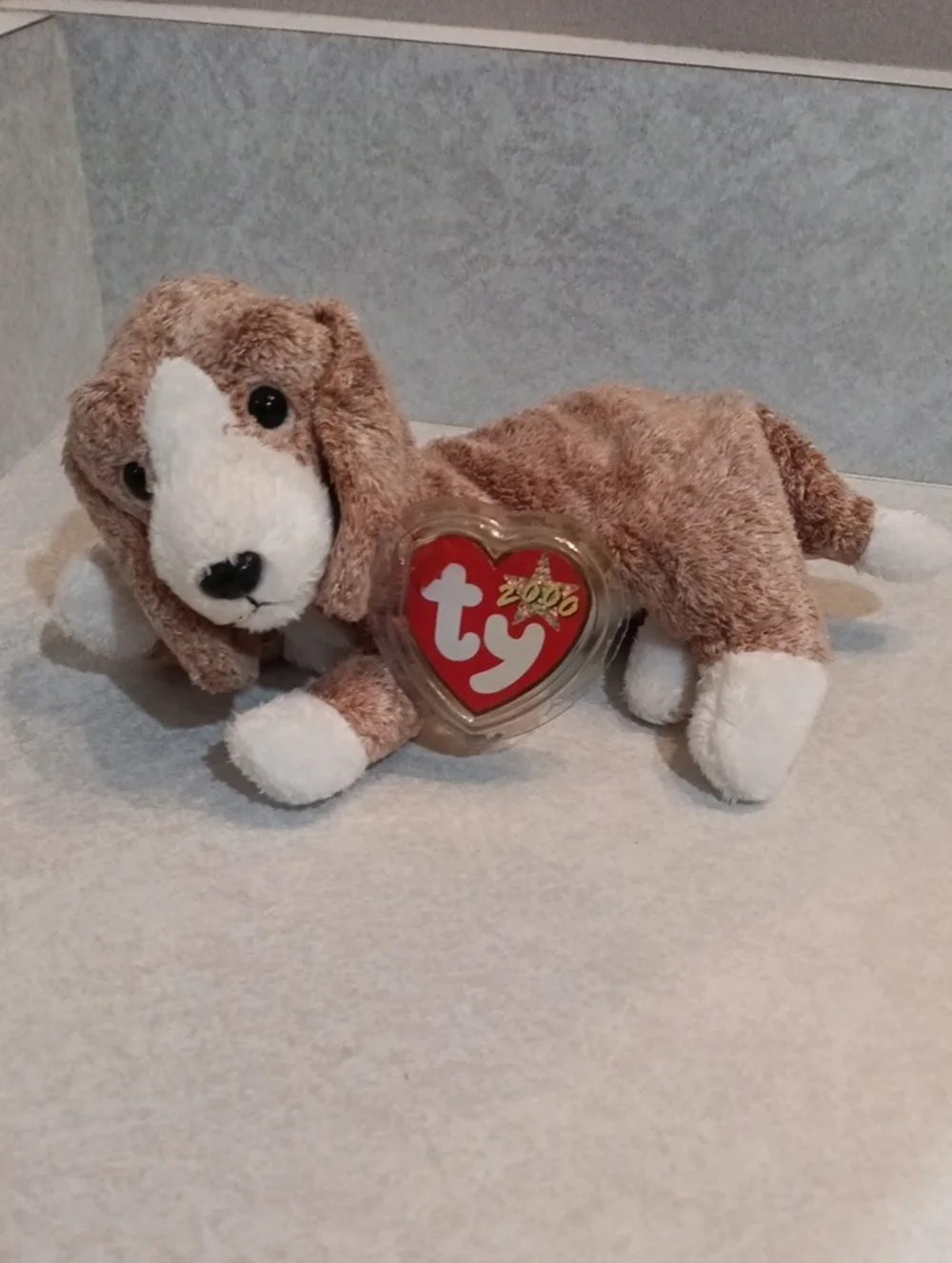 Ty Brown and White Plush Puppy with Heart Tag